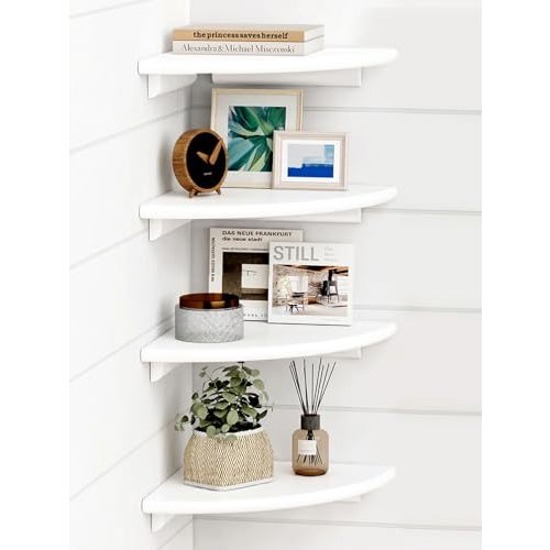 Forbena White Corner Floating Shelves for Wall Set of 4, Rounded Corner Shelves Wall Mounted for Kids Bedroom Books, Cute Wood Hanging Corner Shelf for Bathroom Decor, Living Room, Small Spaces