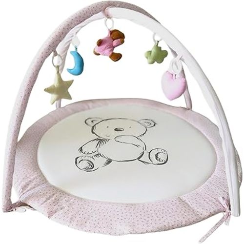 Baby Play Gym Mat & Activity Mat - 100% Cotton Soft Playmat with 6 Detachable Toys for Tummy Time, Machine Washable, Sensory Development Gift (Pink Bear)