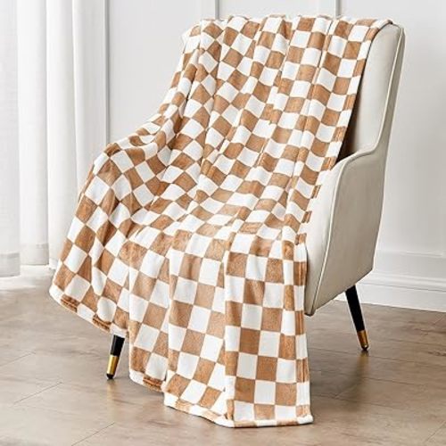 Checkered Blanket Flannel Throw Blankets Soft Cozy Checkered Grid Print Chessboard Gingham Pattern Throws for Bed Sofa Couch for All Seasons, 50x60 Inch, Blonde