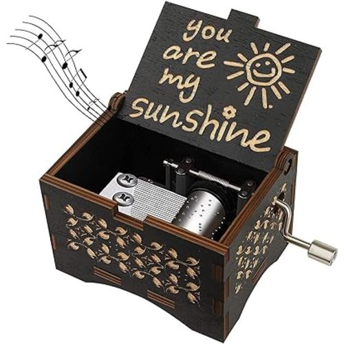Dream Loom Wooden Music Box, Hand Cranked Laser Engraved Small Musical Boxes for Kids, Play You are My Sunshine Melody
