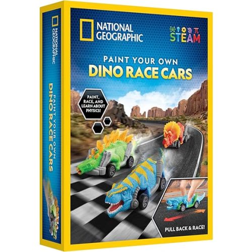 National Geographic Pull Back Dinosaur Race Cars Craft Kit - Paint 3 Dino Racecars with 6 Paint Colors, Dinosaur Toys for Kids, Kids Painting Kit, Arts & Crafts for Kids