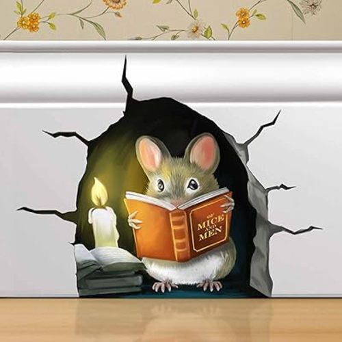 3D Mouse Reading Book in Mouse Hole, Decal Sticker, Removable Wall Decor, Book Lover Gift Idea, Baseboard, Wall Sticker Decal, Kids Room, Classroom, Library