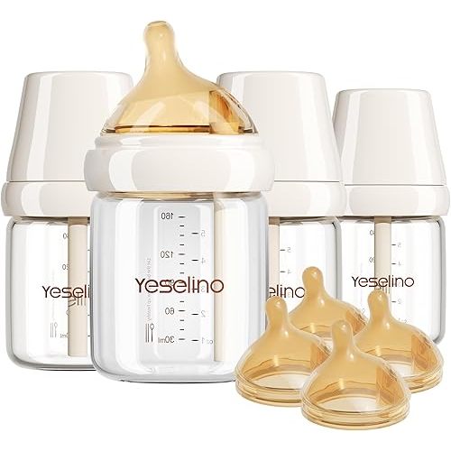 Natural Glass Baby Bottle 4 Pack with Extra Nipples - 2 Slow Flow (Size S) and 2 Medium Flow (Size M), 5.4 oz, Anti Colic, BPA-Free, 3Months+