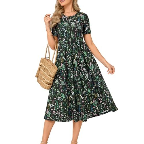 QINYI Women's Cotton Nursing Dresses Breastfeeding Midi Breastfeeding Dress with Pockets