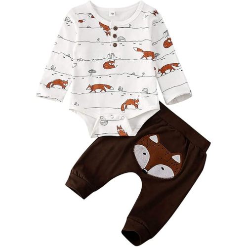 Newborn Baby Boy Girl Fall Winter Clothes Long Sleeve Fox Stripe/Animal Print Romper Bodysuit Pants 2PCS Outfits Set