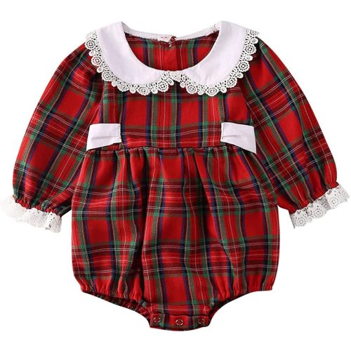 Baby Girl Christmas Dress Matching Newborn Girl Bodysuit Plaid Lace Princess Skirt Family Clothing (Romper/Long Sleeve, 0-3 Months)