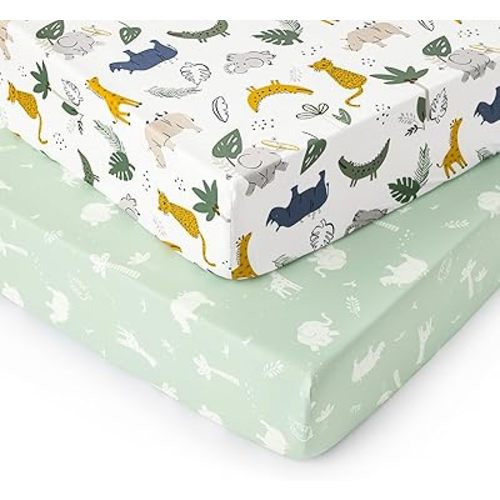 PHF Soft Crib Sheet Fitted, 2 Pack Baby Sheets for Boys Girls, 28x52x9 in Fits Standard Crib and Toddler Mattresses, Silky Comfy Breathable Polyester Baby Mattress Sheets, Forest & Animal