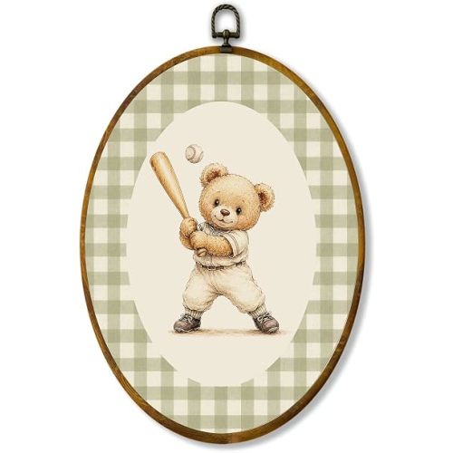zewepri Baseball Teddy Bear Oval Wall Art, Kids Sports Decor