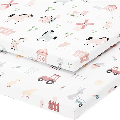 Pack and Play Sheets Fitted – Compatible with Graco Pack n Play Playard Crib and Other 27 x 39 Inch Playpen Mattress – Snuggly Soft 100% Jersey Cotton – Farm Animals – 2 Pack