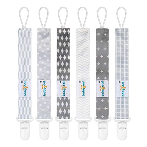 babygoal Neutral Grey Pacifier Clips, 6 Pack Binky Paci Holder Clip and Leash Fits for Most Pacifiers and Binkies 6PS09