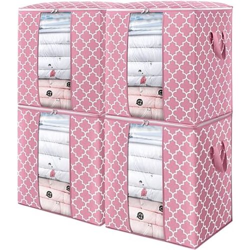 WISELIFE Storage Bags 4 Pack/100L Large Blanket Clothes Organization and Storage Containers for Comforters,Bedding, Foldable Organizer with Reinforced Handle, Clear Window, Sturdy Zippers,Pink