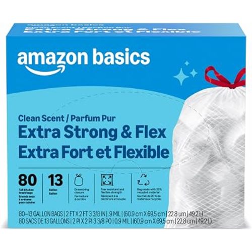 Amazon Basics Ultra-Force Tall Kitchen Drawstring Trash Bags, Classic Clean Scented, 13 Gallon, 80 Count, Pack of 1, Packaging May Vary