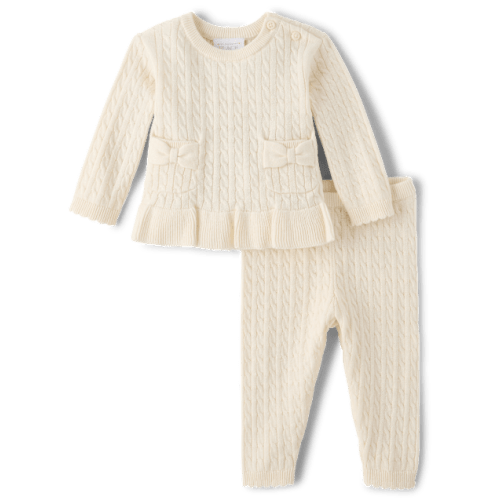 9-12 Months Baby Girls Bow Cable Knit Sweater 2-Piece Playwear Set - White