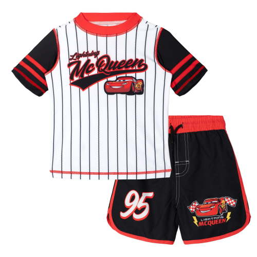 Disney Cars Little Boys' UPF 50+ Rash Guard and Swim Trunks Set White Black McQueen