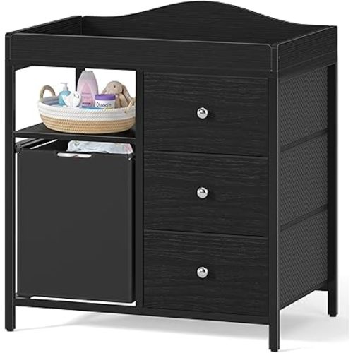 BOLUO Black Changing Table Dresser with 3 Fabric Drawers and Hamper, Baby Dresser with Changing Table Top, Nursery Diaper Changing Station with Storage Shelf Modern