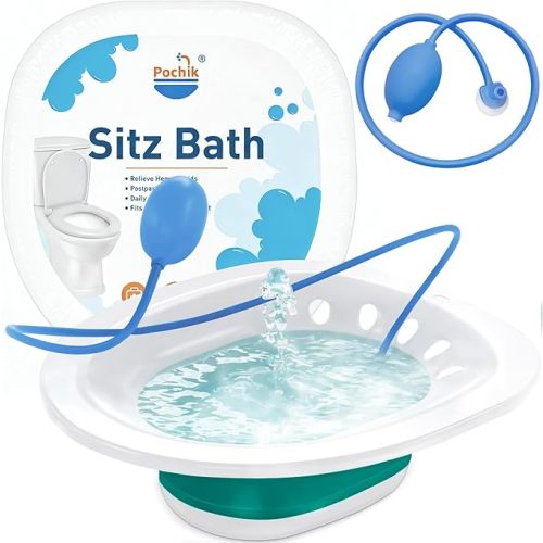 Pochik Sitz Bath for Toilet Seat Hemorrhoids and Postpartum Care, Yoni Steam Seat, Perineal Soaking, Collapsible, Flusher Hose, Drain Holes, Wider Seating Area - Green