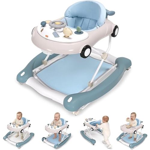 5-in-1 Convertible Baby Walker with Steering Wheel Music Activity Center – Infant Rocker, Jumper, Push Walker, Bouncer & Feeding Foldable Walker for Ages 6-18 Months Boys Girls (Haze Blue)