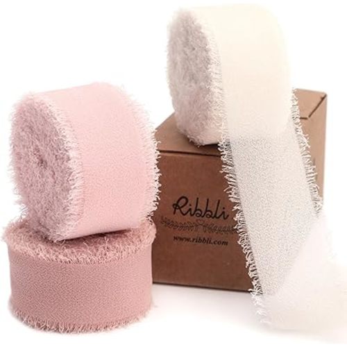 Ribbli Pink Ribbon 1 Inch x 3 Rolls Total 24 Yards Cream/Blush Pink/Rose Gold Handmade Fringe Chiffon Silk Ribbon for Wrapping Wedding Invitations Bridal Bouquets DIY Crafts Home Decor