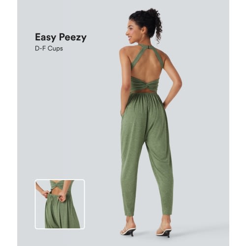U Neck Harem Casual Jumpsuit with Pockets-Easy Peezy Edition D-F Cups