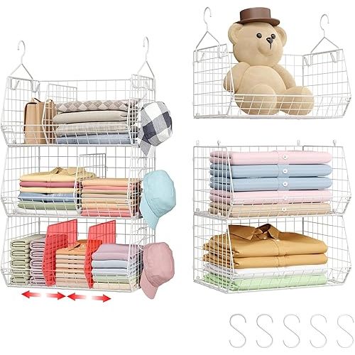 3 Tier Extra Large Closet Hanging Shelves with Divider, 16.5"L x 11.8"W x 33.6"H Closets Organizers and Storage with 5 S Hooks, Clothes Organizer for Sweaters Shoes Handbags Clutches Accessories-White