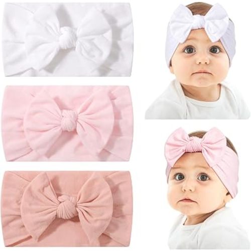 jollybows 3pcs Baby Girls Nylon Headbands Turban Hair Bows Pink+White