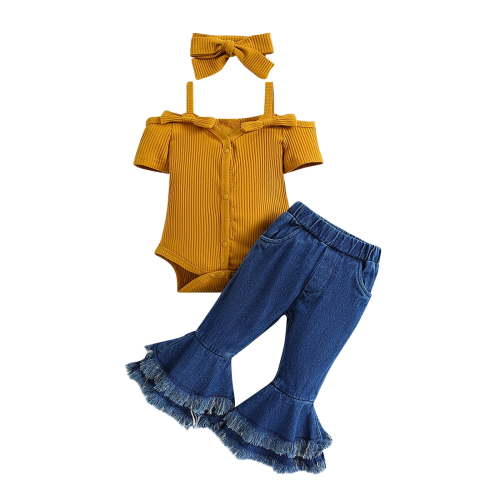 Zwiiyzr 6M-3T Toddler Baby Girls Clothes Set Off Shoulder Romper Flare Denim Jean Pants and Headband 3Pcs Set Newborn Infant Outfits Set Coffee