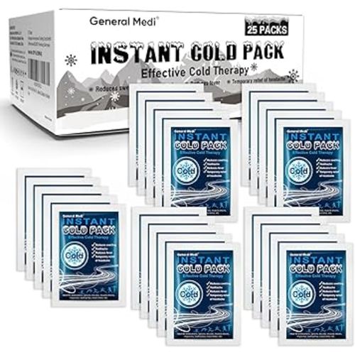 General Medi Instant Ice Cold Pack (4”x 5.5”) – 25 Packs Disposable Cold Therapy Ice Packs for Pain Relief, Swelling, Inflammation, Sprains, Toothache – for Athletes & Outdoor Activities