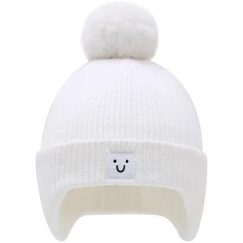 Baby Beanie with Ear Flaps pom pom Smiley Embroidery- Skin Friendly Fleece Lining Winter hat for Infant 0-24M