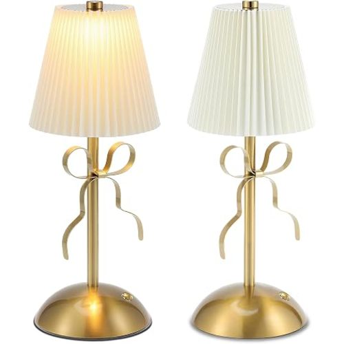 2 Pack Cordless Small Table Lamp,Cute Desk Lamp,Gold Bow Lamp