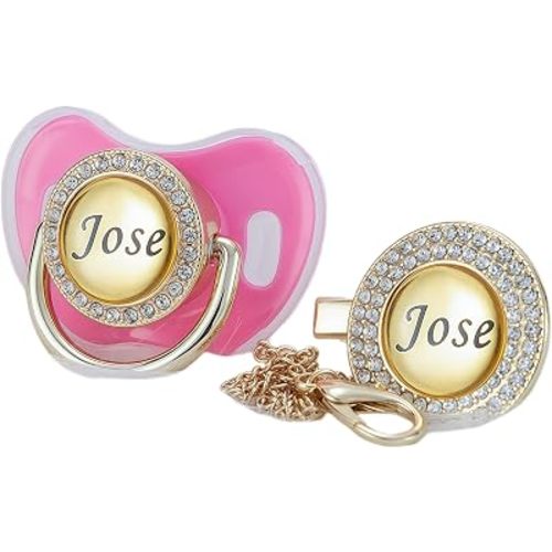 Custom Name Bling Pacifier & Clip Set – Personalized Binky for Baby Shower, Newborn Keepsake for Photos (Pink)