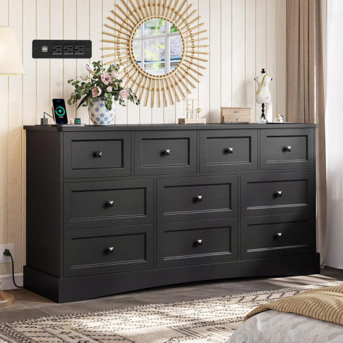 Winston Porter Bedroom Dresser With 10 Drawers, 55.2" Long Dresser Tv Stand With Charging Station, Farmhouse Dresser Chest Of Drawers, Large Wood Storage Tower Organizer Dresser For Bedroom Living Room & Reviews | Wayfair