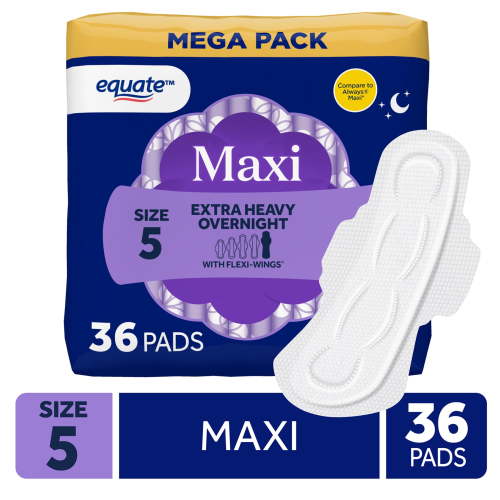 Equate Overnight Maxi Pads with Flexi-Wings, Extra Heavy Overnight Absorbency, Size 5, 36 Count
