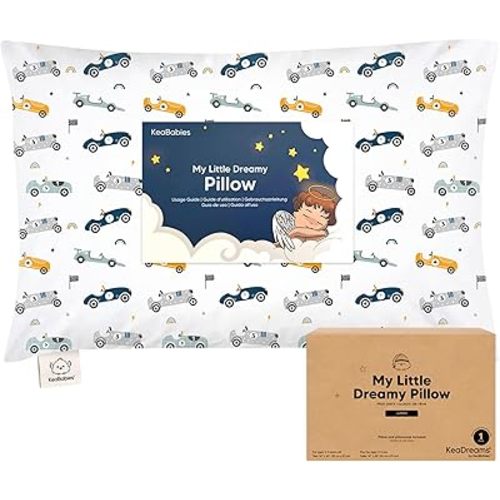 KeaBabies Organic Toddler Pillow with Pillowcase, Jumbo 14X20 (Racecars)