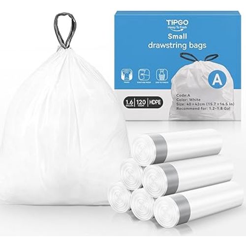 TIPGO Small Trash Bags Drawstring 1.6 Gallon, Pre-Cut Mini Garbage Bags for 1.2-1.8 Gallon Trash Bins, 120 Count (Code A)