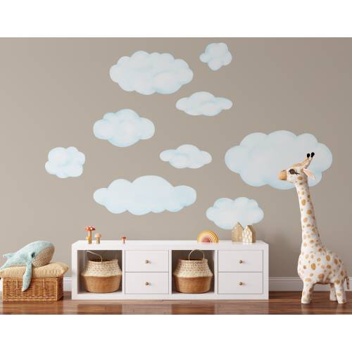 Cloud Wall Decals, Set of 9 Fluffy Clouds, Watercolor Wall Stickers for Nursery Classroom or Playroom, Great for boho bedroom decor - WB083