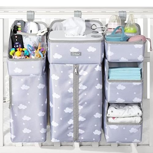 Orzbow XL Hanging Diaper Caddy Organizer for Baby Essentials, Removable 3 in 1 Diaper Stacker, Changing Table Organizer for Crib, Playard, Wall, Multi-Compartments, Two Hang Ways, Grey Cloud