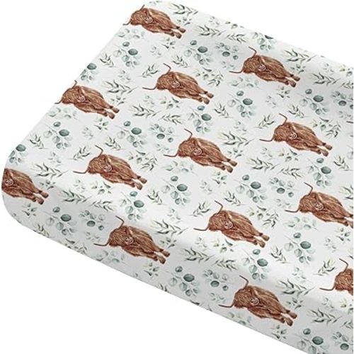 Changing Pad Cover for Baby Girls, 32"/34" x 16" Safe Snug Diaper Change Table Pad Covers, Soft Stretchy Changing Pad Sheets Highland Cow Eucalyptus Leaves Theme Nursery Decor
