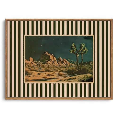 ZZLWBKGL Vintage Western Desert Night Framed Wall Art Southwestern Cactus Canvas Wall Art Mid Century Nature Striped Pictures Wall Decor Boho Desert Landscape Art Prints for Living Room Bedroom Study