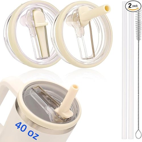 2 Pack Leakproof Stanley Lid Replacement 40 oz for Quencher H2.0 Cup Accessories, Cream-colored, Flip Straw Leak Proof 40oz Tumbler Lid for Stanley, BPA-free Cup Top, Spill Proof Straw Cover