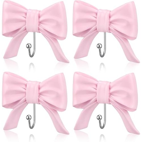 Chunful 4 Pcs Coquette Pink Bow Wall Hook Resin Bow Knot Door Hanger Rack Decorative Cute Towel Hook for Clothes Coat Hat Bag Towel Multi-Purpose Bathroom Kitchen Living Room Home Decor