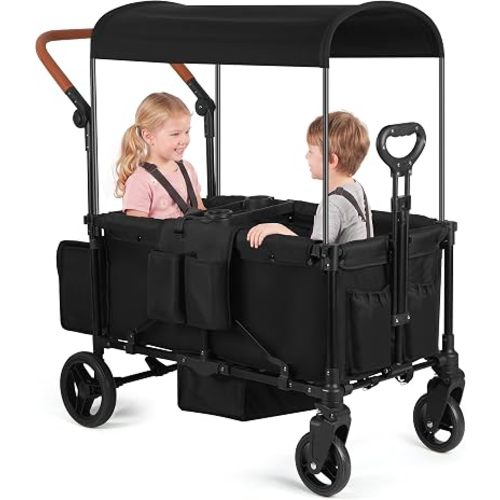 Outdoor Baby Stroller Wagon for 2 Kids, Adjustable Push & Pull Handle All‑Terrain Wagon with Canopy, 5‑Point Harnesses, sanck Tray 2-in-1 Storage Bag, Lightweight, Compact – Black