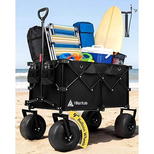 Hikenture Beach Wagon with Balloon Wheels, 9" PU Tires Collapsible Wagon, 440lbs Heavy Duty Beach Cart with Big Wheels for Sand, Large Capacity Utility Wagons Carts Foldable