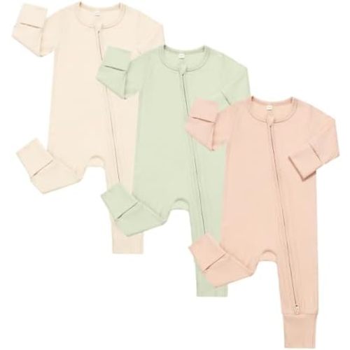 Bafeicao 3 Pack Baby Boy Girl Rompers with Mitten Cuffs, Ribbed Cotton 2 Way Zipper Romper One Piece Jumpsuits Clothes