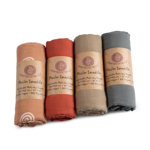 Meracorallo Muslin Swaddle Blanket, 4 Pack Rainbow Receiving Blankets Neutral Silky Soft Swaddle Wrap for Baby Boys and Girls, 47 x 47 inches
