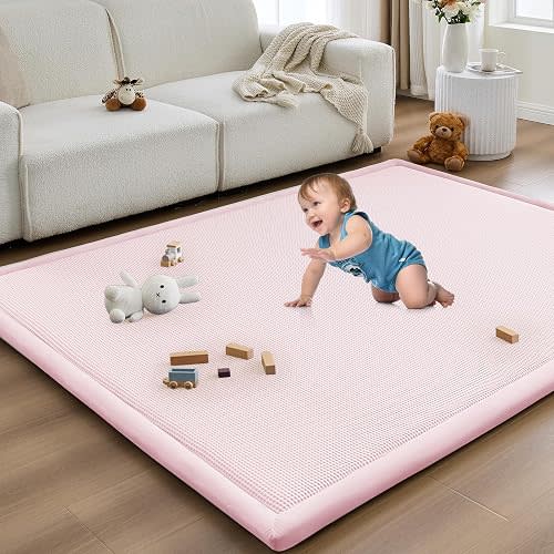 Baby Play Mat for Floor Nursery Rug Muscle Area Playroom Rug Elastic Foam 50x50" Playpenmat Elastic Foam 1.3" Thick Crawling Mat for Babies,Toddlers, Infants, Kids(Plaid Light Pink)