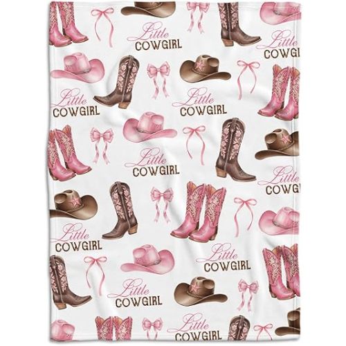 Western Blanket, Western Decor for Nursery Room, Baby Blankets for Girls, Pink Bow Cowgirl Baby Blankets, Western Baby Stuff, Soft Warm Lightweight Nursery Bed Blanket for Newborn Toddlers