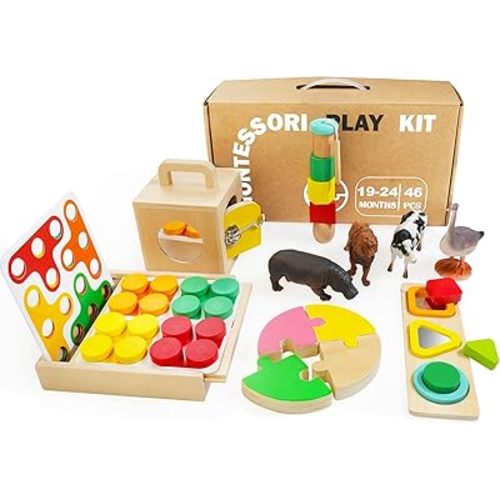 Montessori Toys for 1 2 Year Old, 9 in 1 Wooden Toddler Educational Set, Includes Lock Box, Puzzle, Color Sorting Board, Lacing Beads, Shape Sorter & Animal Figures, Gift for 19-24 Months Boy & Girl