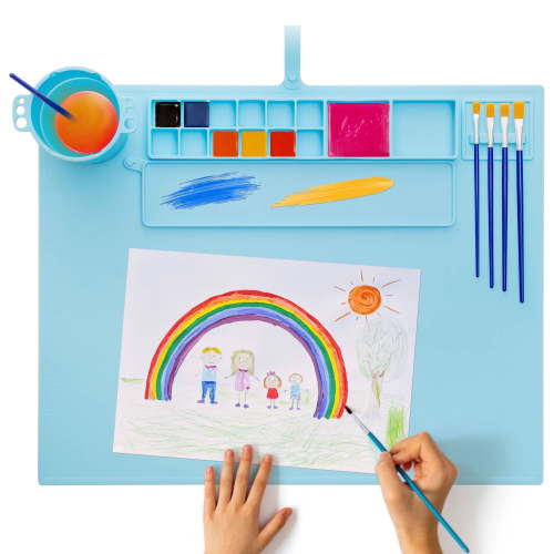 iArtker Silicone Painting Mat 20"×16" Silicone Craft Mat with Removable Water Cup and Reusable Dividers for Kids Art, Painting, Clay and DIY (Blue))
