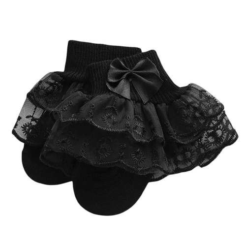 Cathery Newborn Infant Baby Girls Ruffle Eyelet Lace Socks, Super Soft Cotton Ankle Socks Princess Frilly Socks with Bow