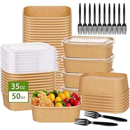 50-Pack 35oz Disposable Kraft Paper Bowls【with Lids and Forks】, Large Meal Prep Containers Paper Salad Bowls, Leakproof Food Containers Treat Soup Serving Bowl, Microwave Safe for Hot/Cold Food